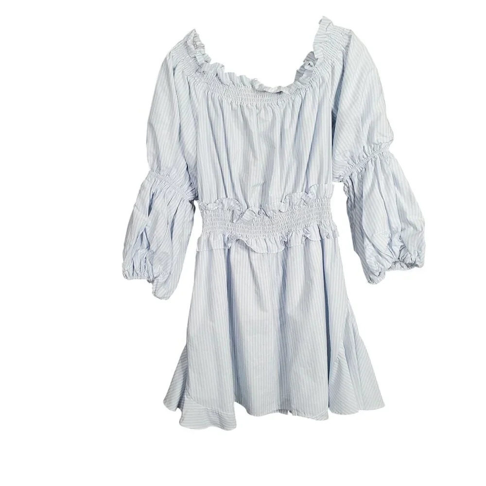 Gianni Bini Size L Dress Off Shoulder Puff Sleeve Coastal Stripe Country Cottage - Picture 3 of 12